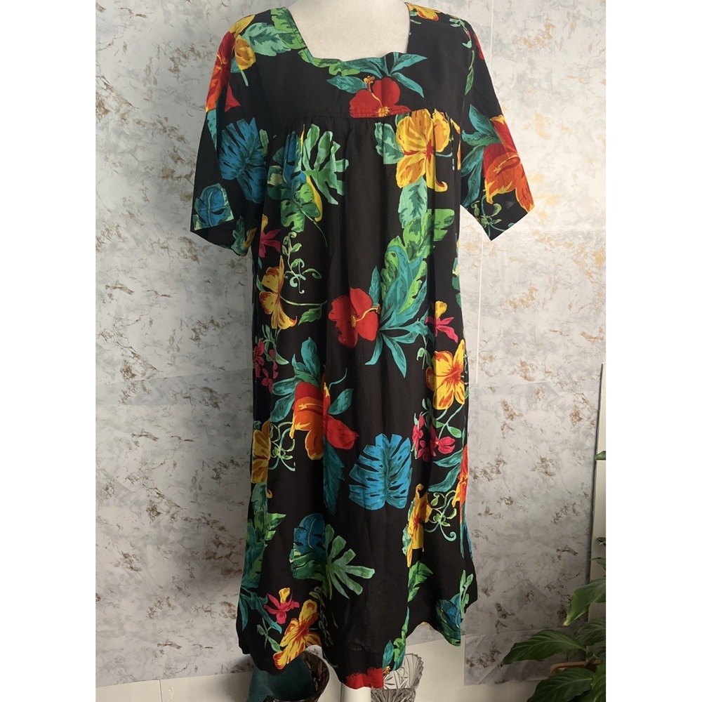 La Cera Womens Size L Tropical Floral Rayon Maxi Dress Kimono Black Resortwear